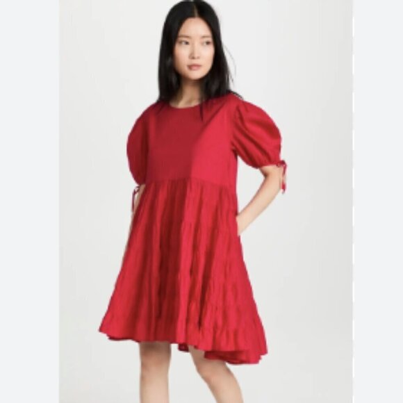 Merlette Sering Tiered Cotton Puff Sleeve Lawn Dress Berry Red - Picture 1 of 13
